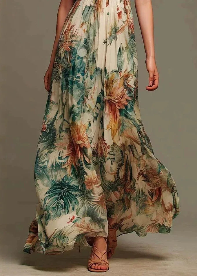 IRIS boho floral ruffle-neck maxi dress
