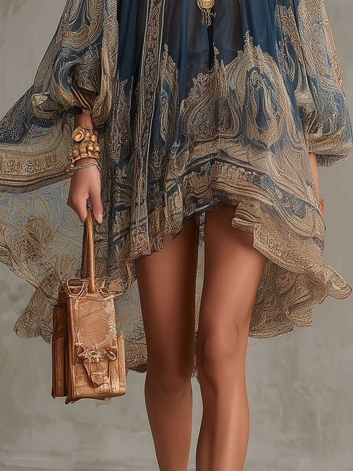 THEA | PAISLEY-PRINT CAPE DRESS WITH HIGH NECK