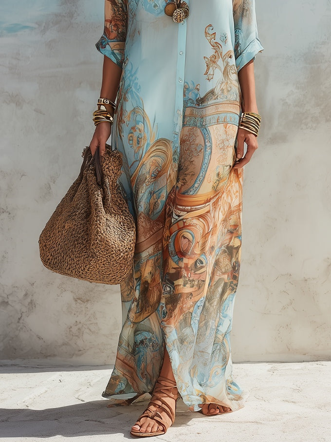 LOLA | BAROQUE-PRINT MAXI SHIRT DRESS