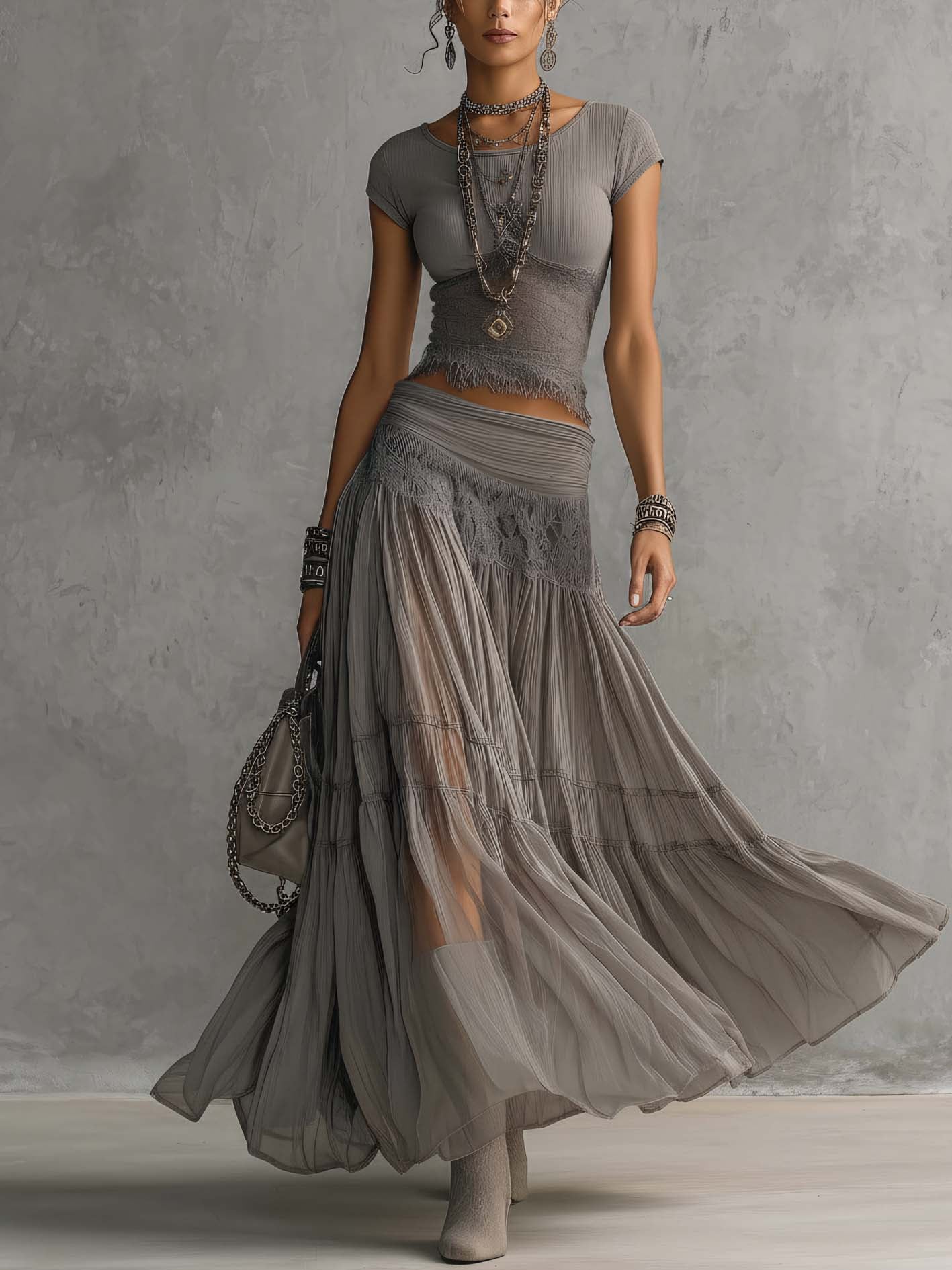 PENNY | CROP TOP AND TIERED MAXI SKIRT SET