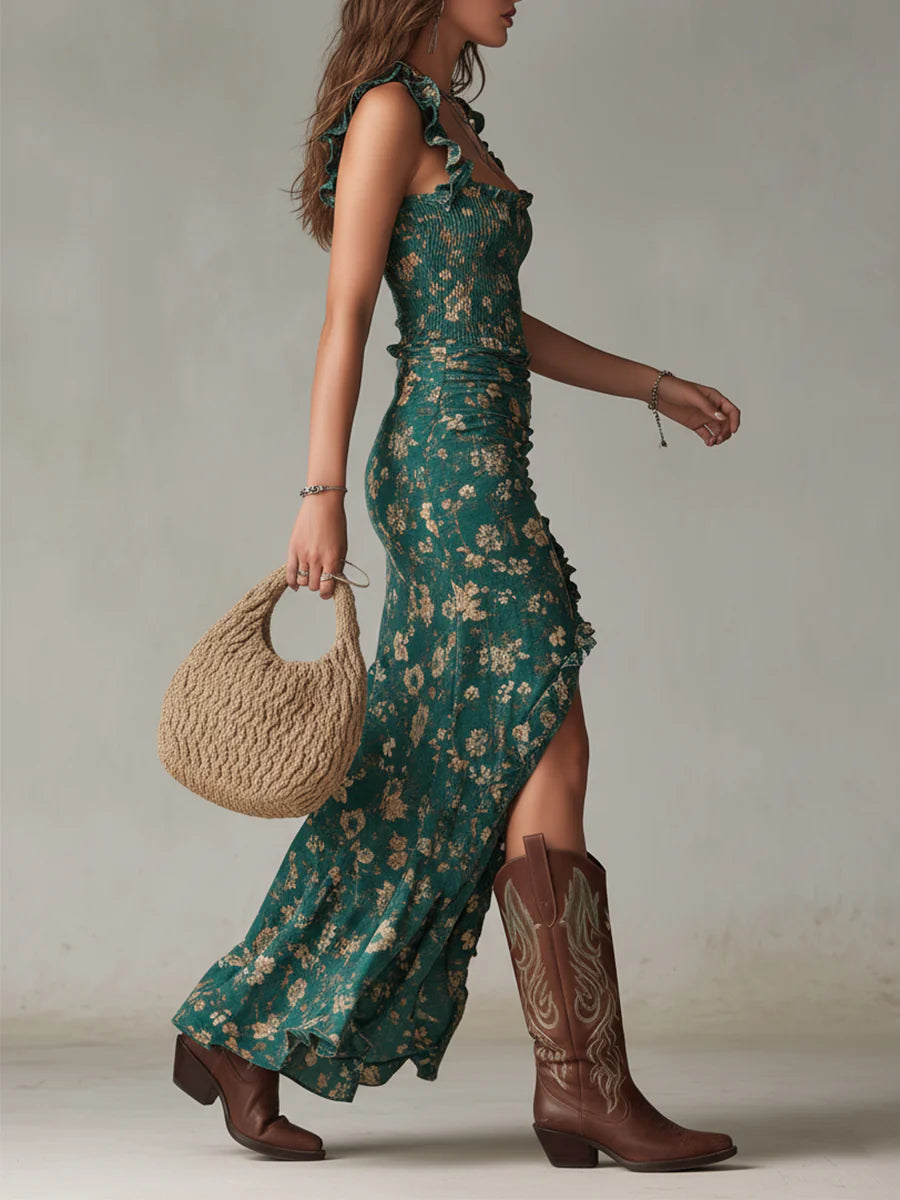 ROSIE | FLORAL DRESS WITH RUFFLE STRAPS AND SLIT