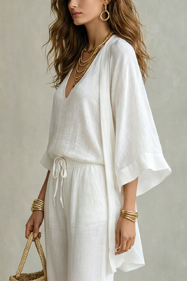 ISABELLA | MINIMAL CHIC THREE-PIECE KIMONO AND PALAZZO SET