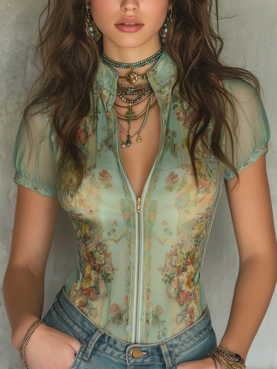 OLIVE vintage floral zip-up chiffon blouse