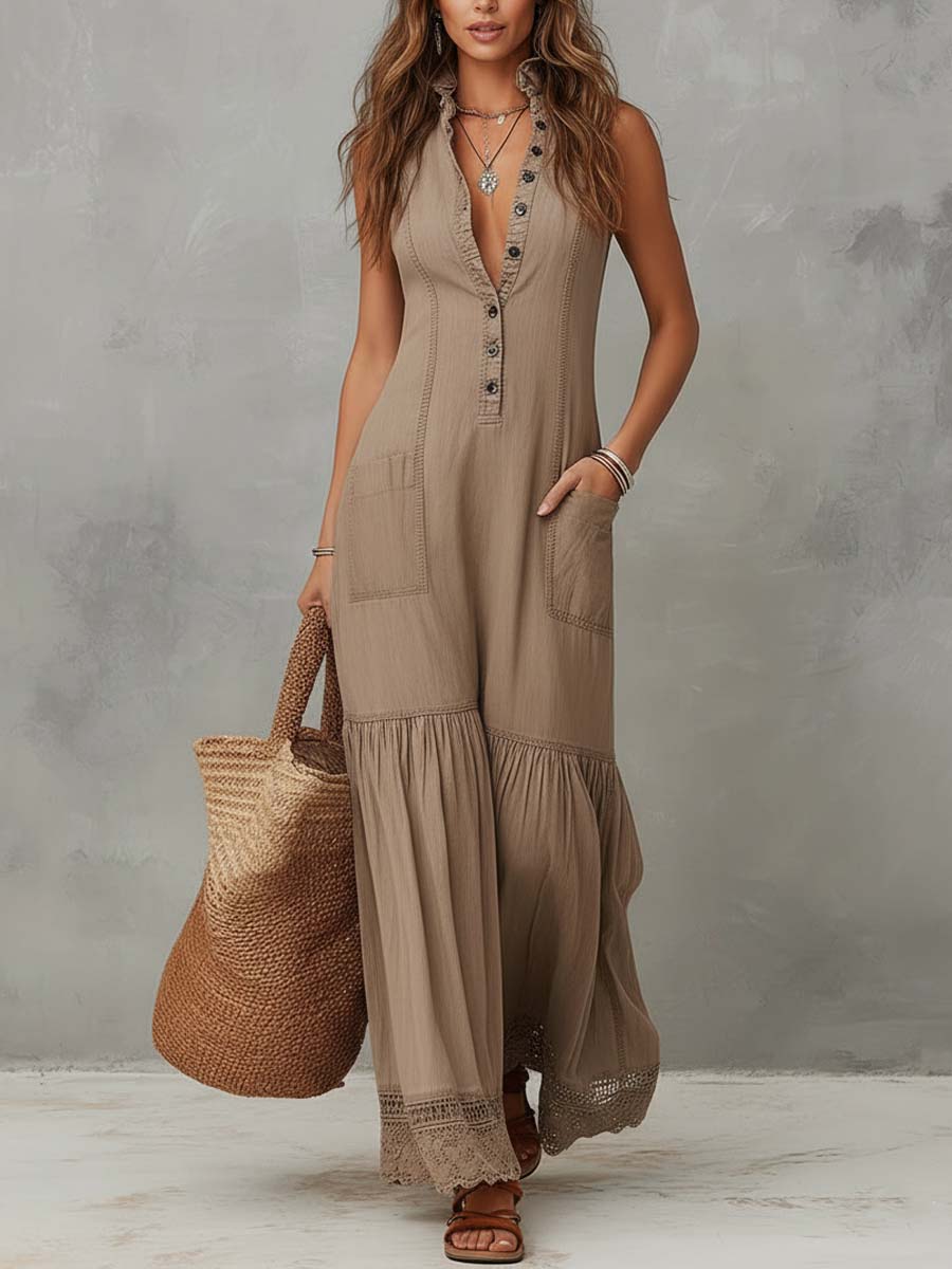 MILLIE | BOHO BUTTONED MAXI DRESS WITH LACE HEM