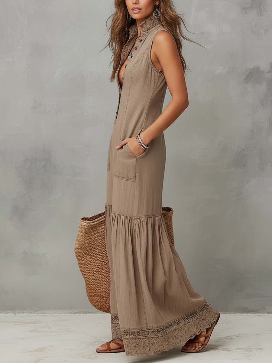 MILLIE | BOHO BUTTONED MAXI DRESS WITH LACE HEM