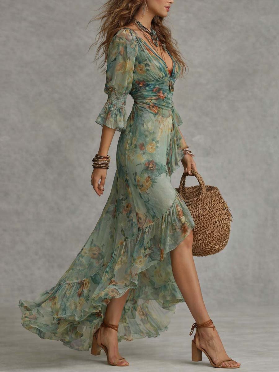 INDI | BOHO FLORAL MAXI DRESS WITH RUFFLES