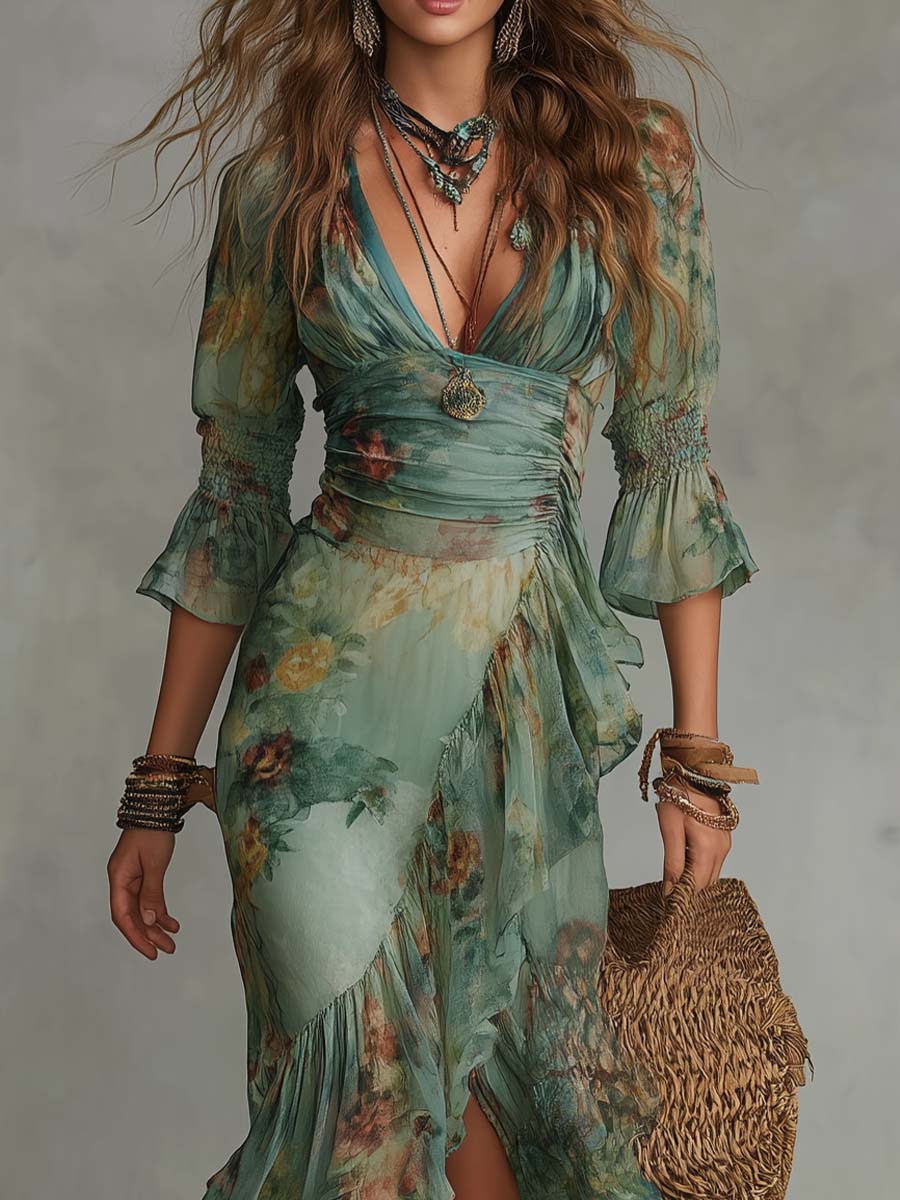 INDI | BOHO FLORAL MAXI DRESS WITH RUFFLES