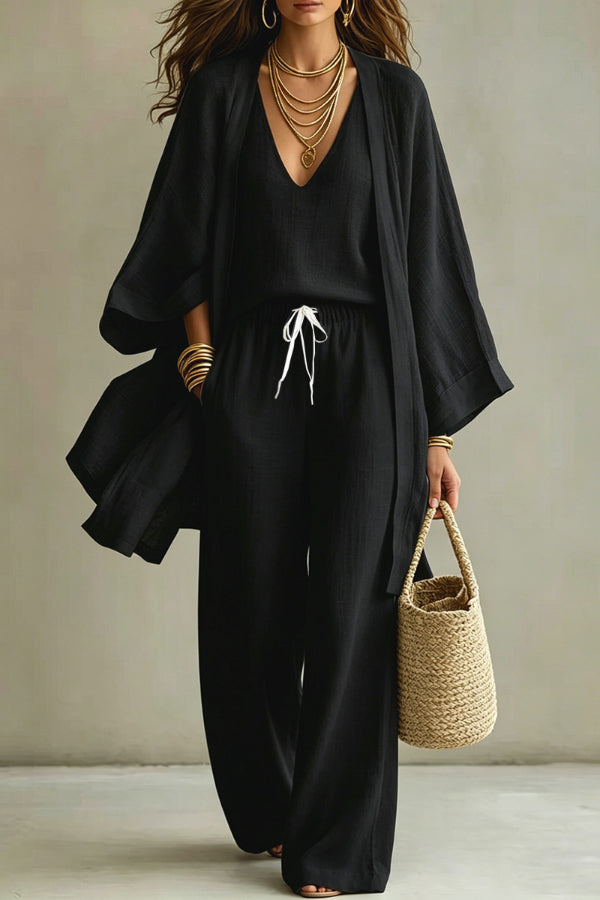 ISABELLA | MINIMAL CHIC THREE-PIECE KIMONO AND PALAZZO SET