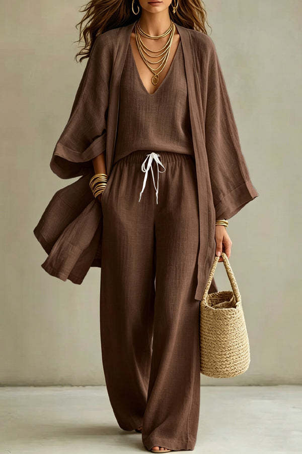 ISABELLA | MINIMAL CHIC THREE-PIECE KIMONO AND PALAZZO SET