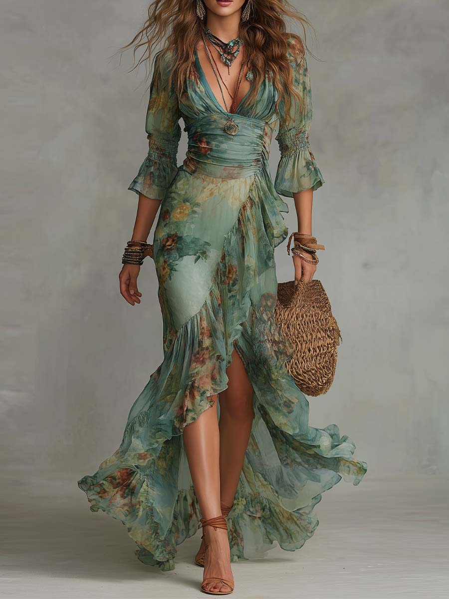 INDI | BOHO FLORAL MAXI DRESS WITH RUFFLES