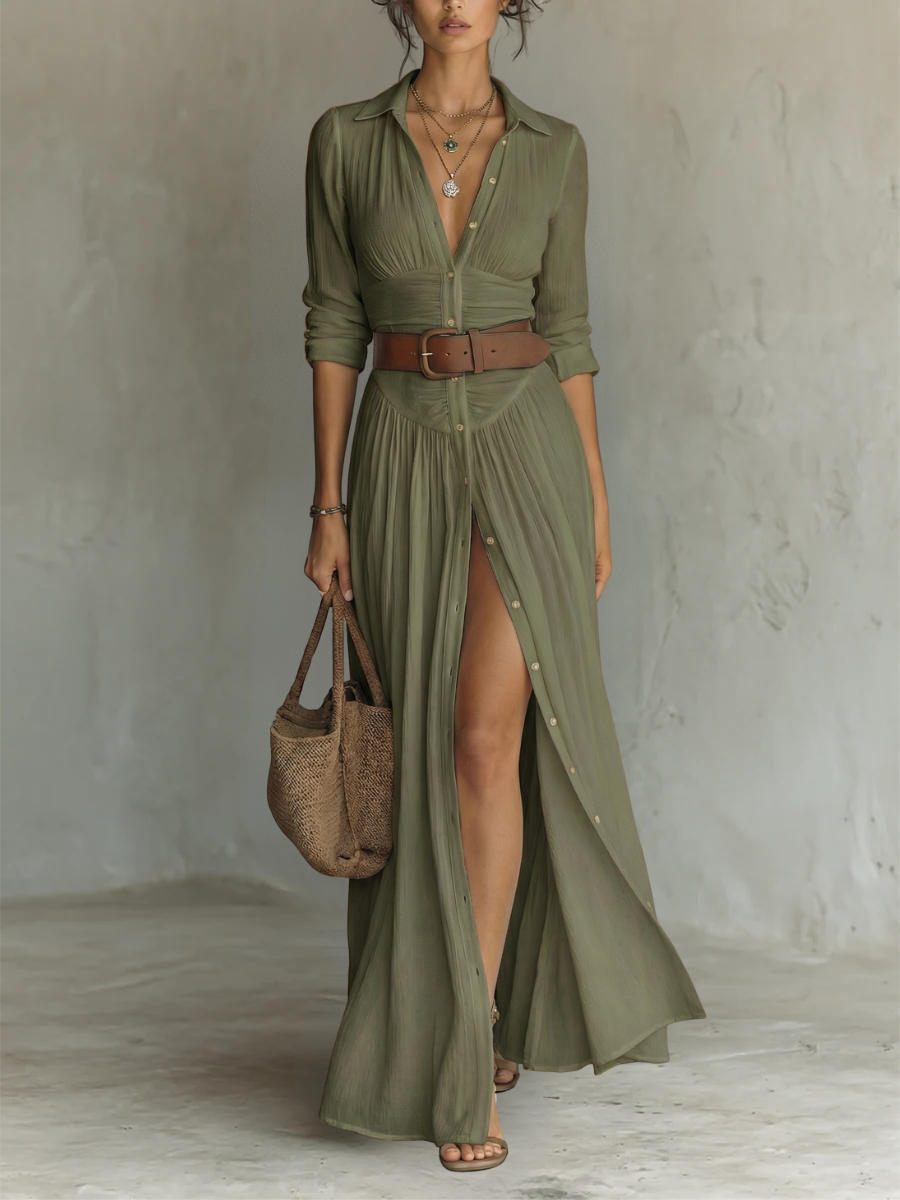SHELBY | BUTTONED MAXI SHIRT DRESS WITH SLIT
