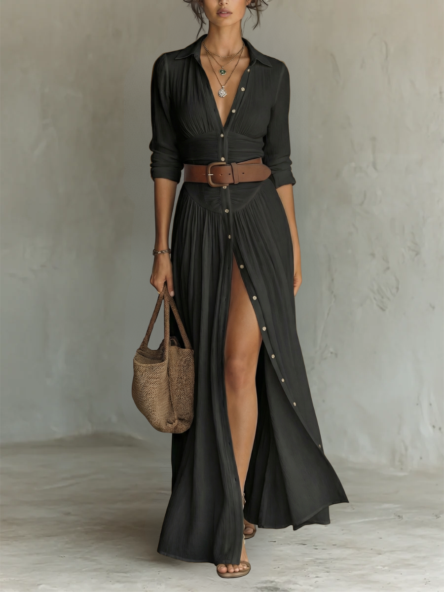 SHELBY | BUTTONED MAXI SHIRT DRESS WITH SLIT