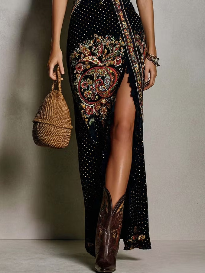IVY | VINTAGE BOHO ETHNIC-PRINT MAXI DRESS WITH SLIT