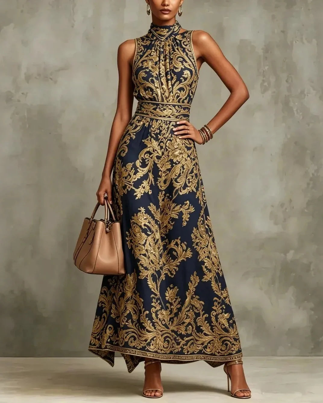 PEARL | GLAMOUR GOLD BAROQUE-PRINT MAXI DRESS