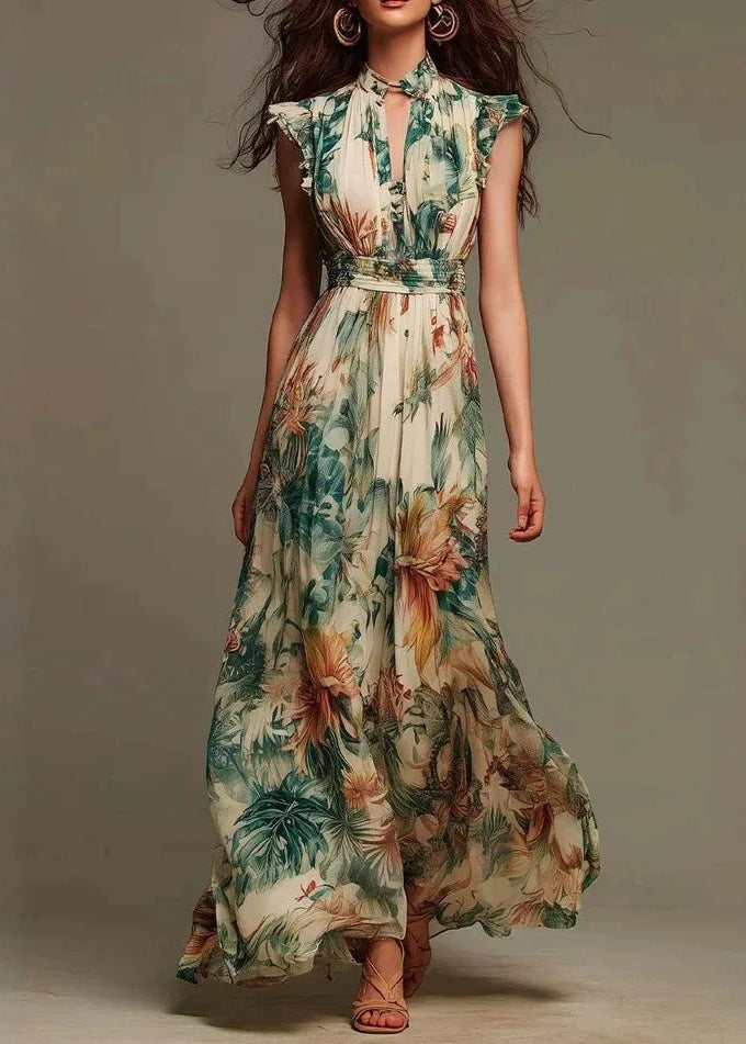 IRIS boho floral ruffle-neck maxi dress