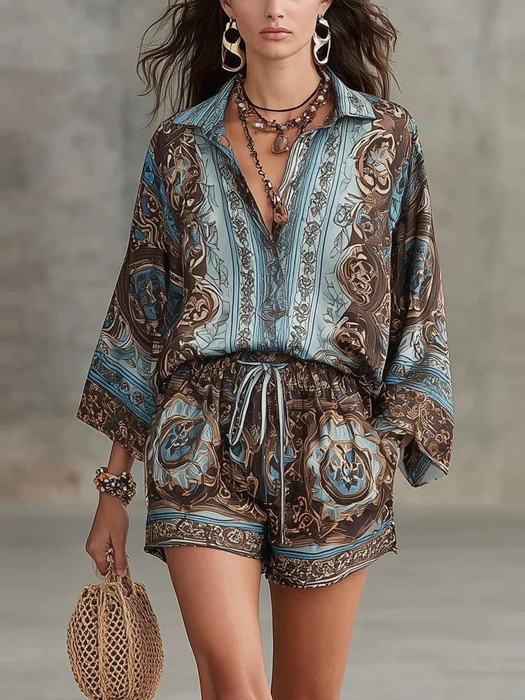 SIENNA | BOHO BAROQUE-PRINT SHIRT AND SHORTS SET