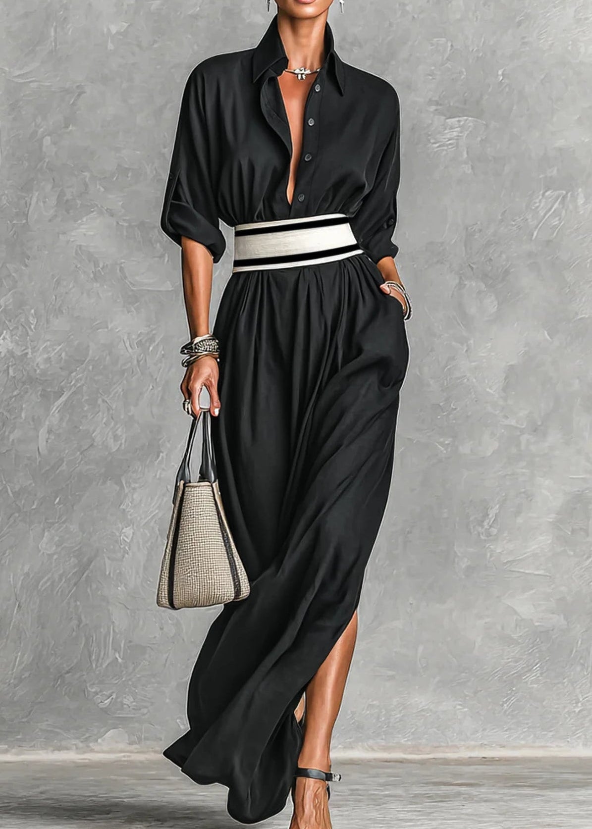 MABEL elegant belted maxi shirt dress