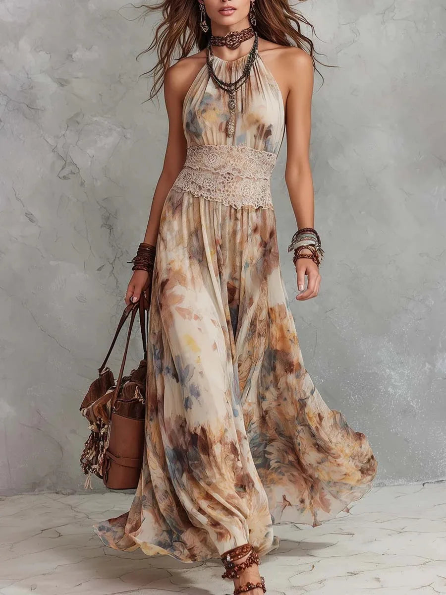 ELIZA | VINTAGE BOHO FLORAL MAXI DRESS WITH LACE WAISTBAND