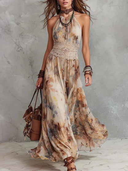 ELIZA | VINTAGE BOHO FLORAL MAXI DRESS WITH LACE WAISTBAND