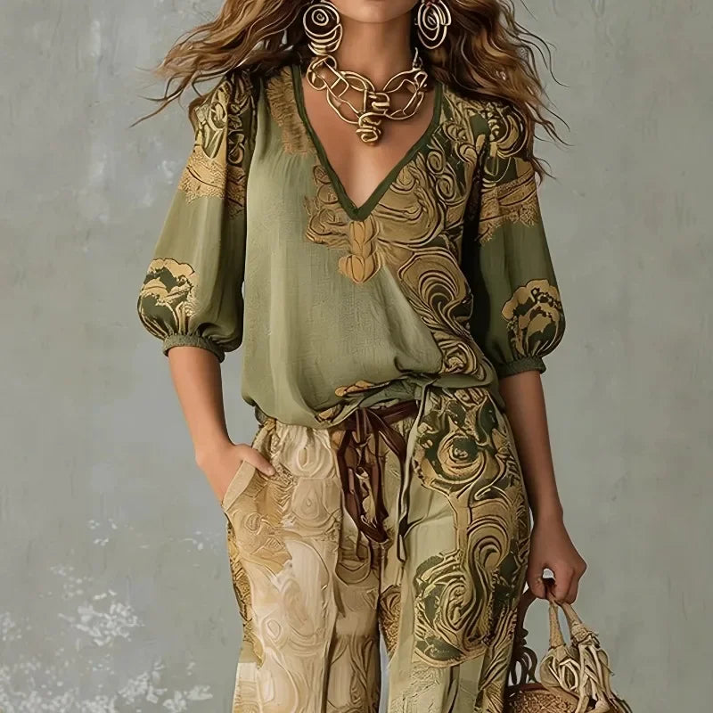 MAEVE vintage print blouse and jogger set