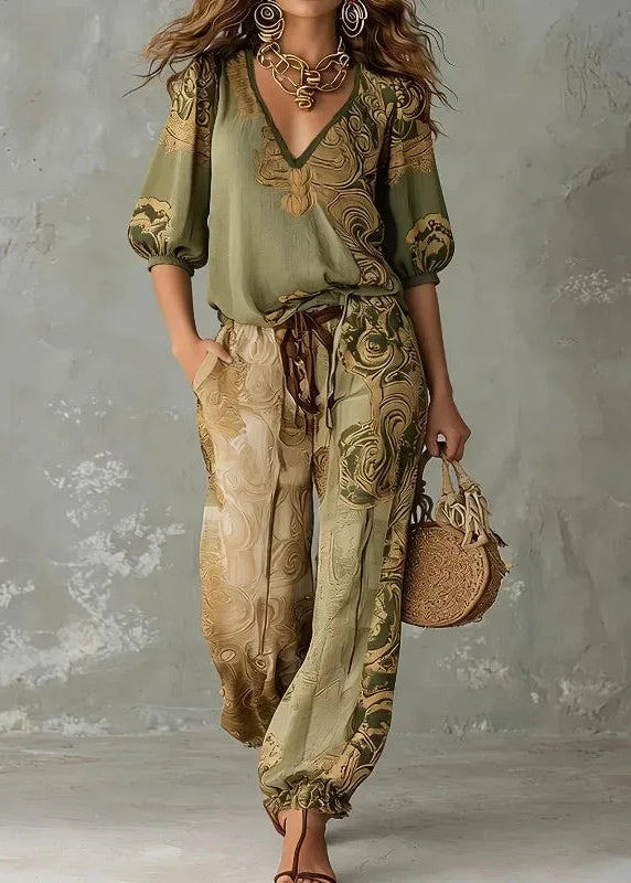 MAEVE vintage print blouse and jogger set