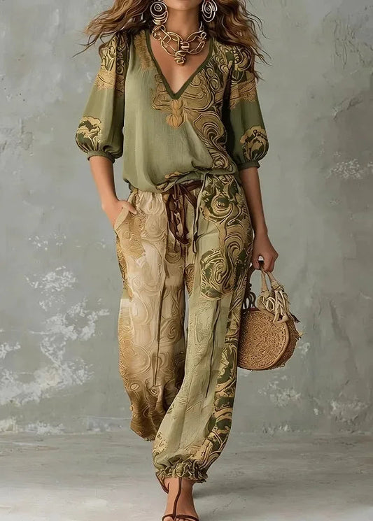 MAEVE vintage print blouse and jogger set