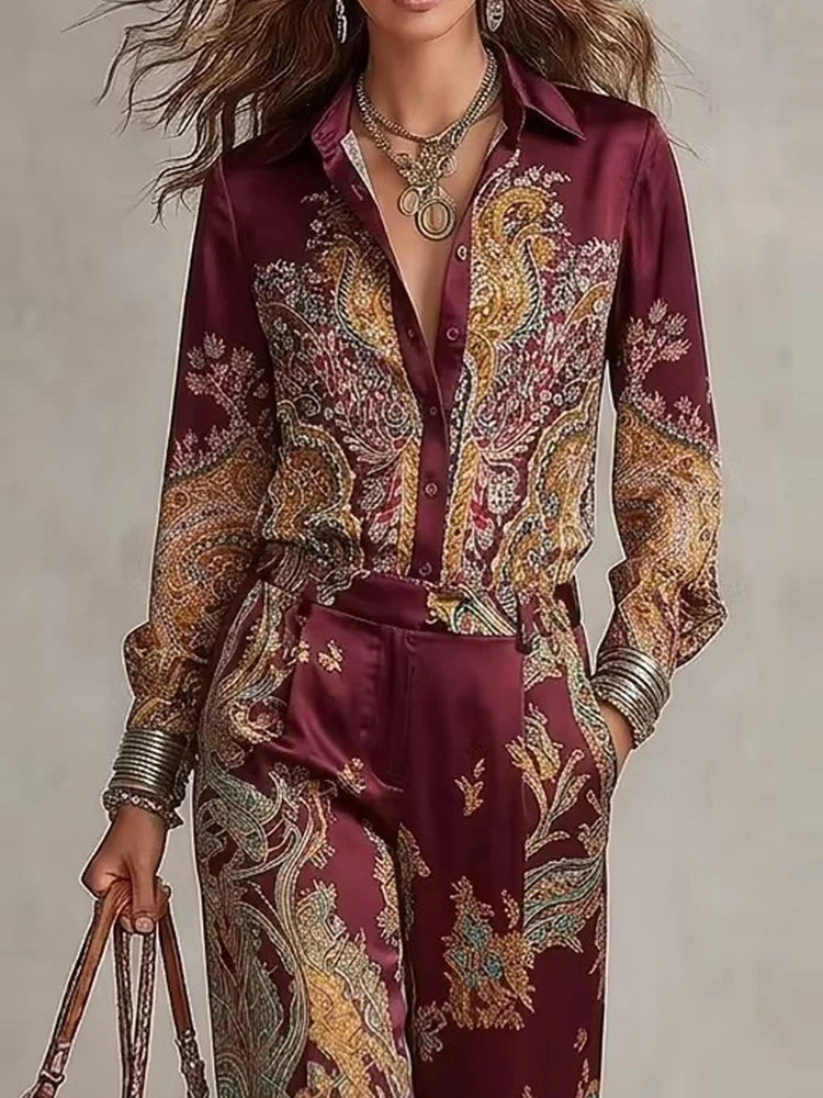 ODETTE satin paisley shirt and wide-leg set