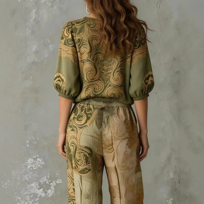 MAEVE vintage print blouse and jogger set