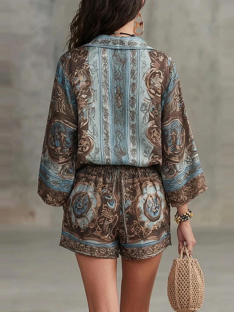SIENNA | BOHO BAROQUE-PRINT SHIRT AND SHORTS SET