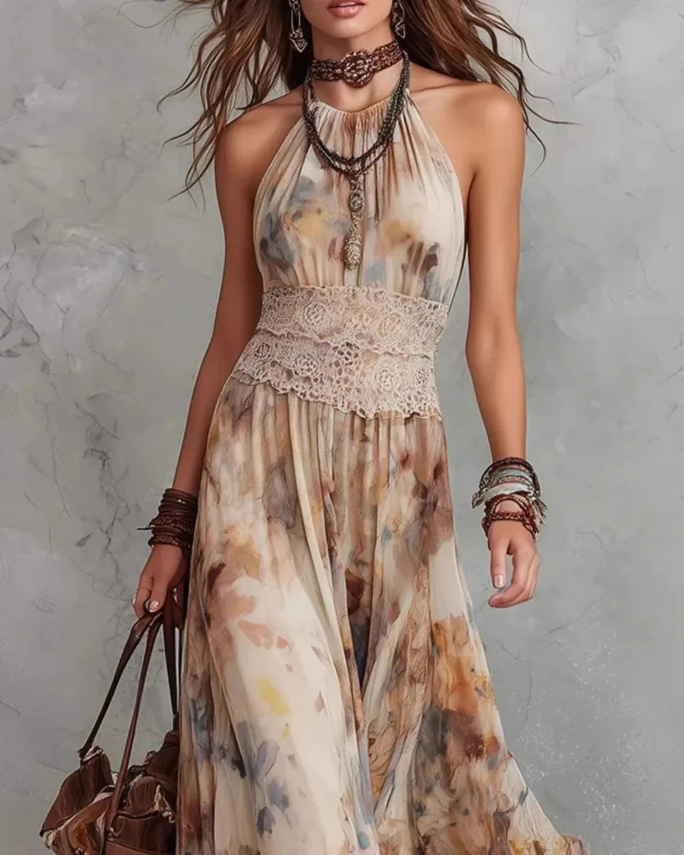 ELIZA | VINTAGE BOHO FLORAL MAXI DRESS WITH LACE WAISTBAND