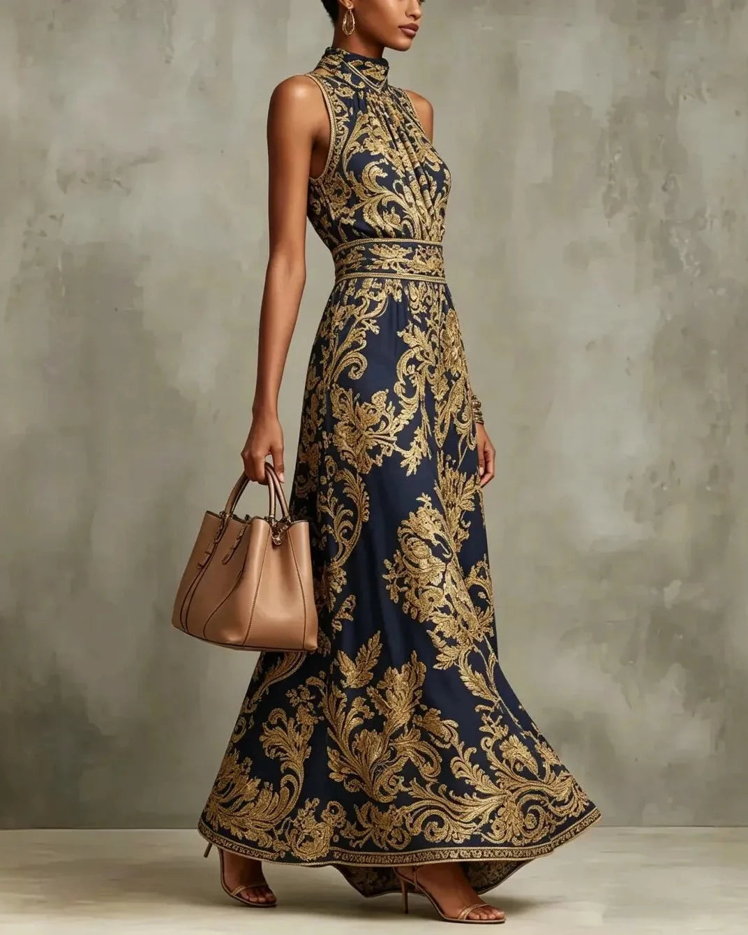 PEARL | GLAMOUR GOLD BAROQUE-PRINT MAXI DRESS
