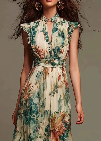 IRIS boho floral ruffle-neck maxi dress