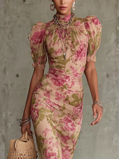 ETTA | FLORAL MERMAID MAXI DRESS WITH PUFF SLEEVES