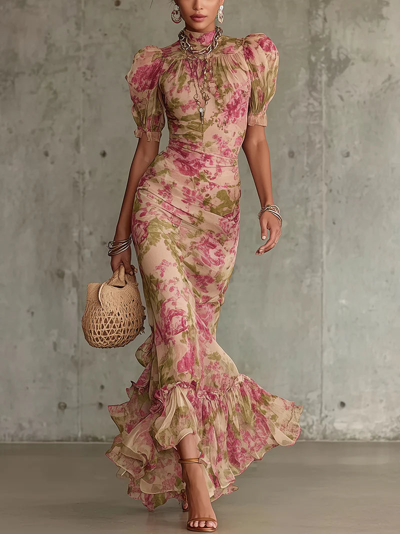 ETTA | FLORAL MERMAID MAXI DRESS WITH PUFF SLEEVES
