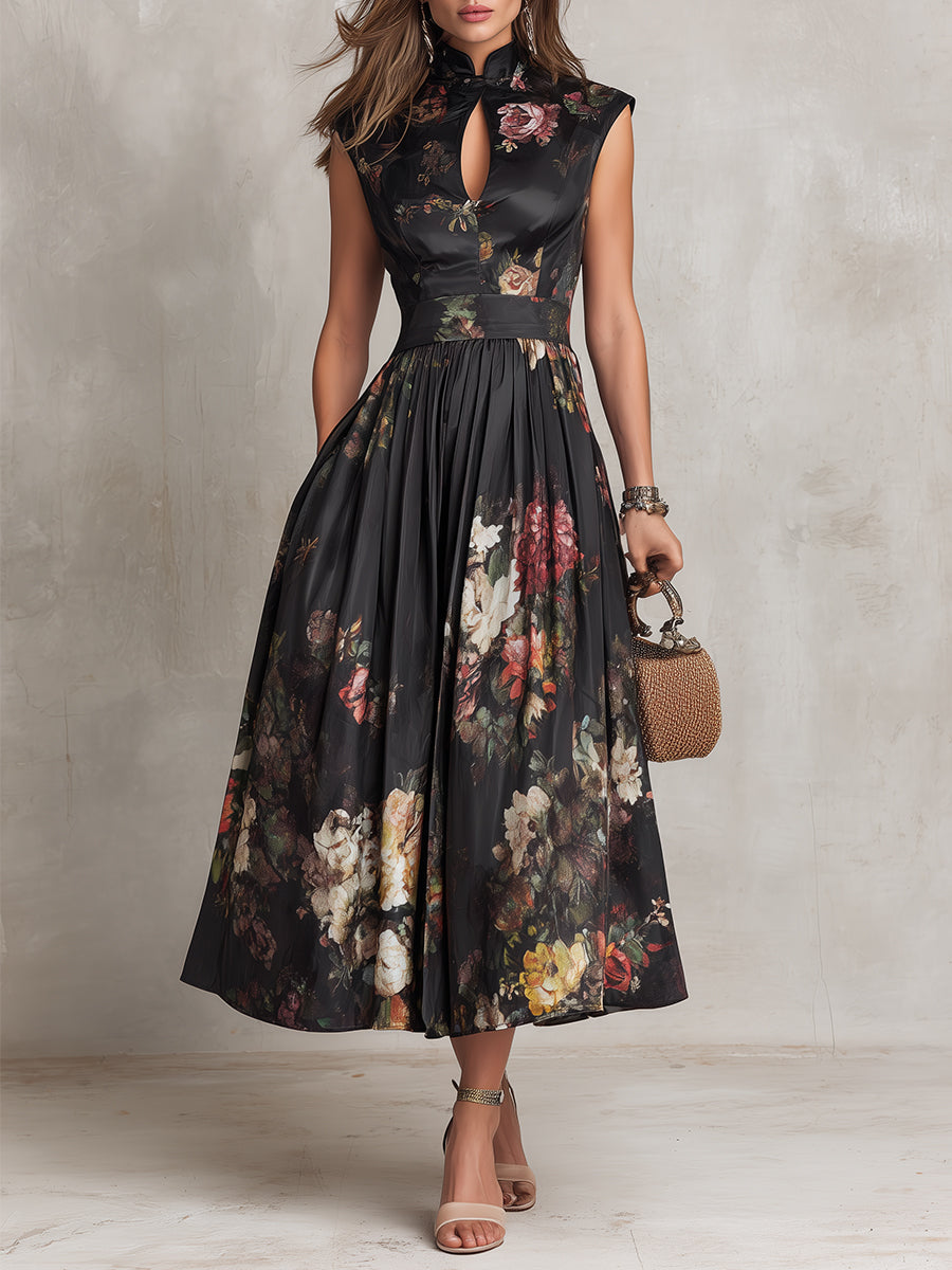EVIE | FLORAL MIDI DRESS WITH MANDARIN COLLAR