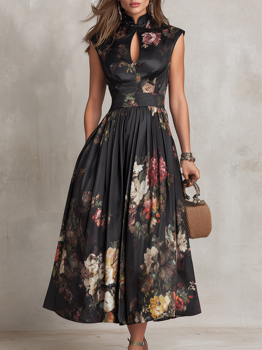 EVIE | FLORAL MIDI DRESS WITH MANDARIN COLLAR