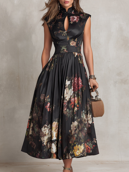 EVIE | FLORAL MIDI DRESS WITH MANDARIN COLLAR