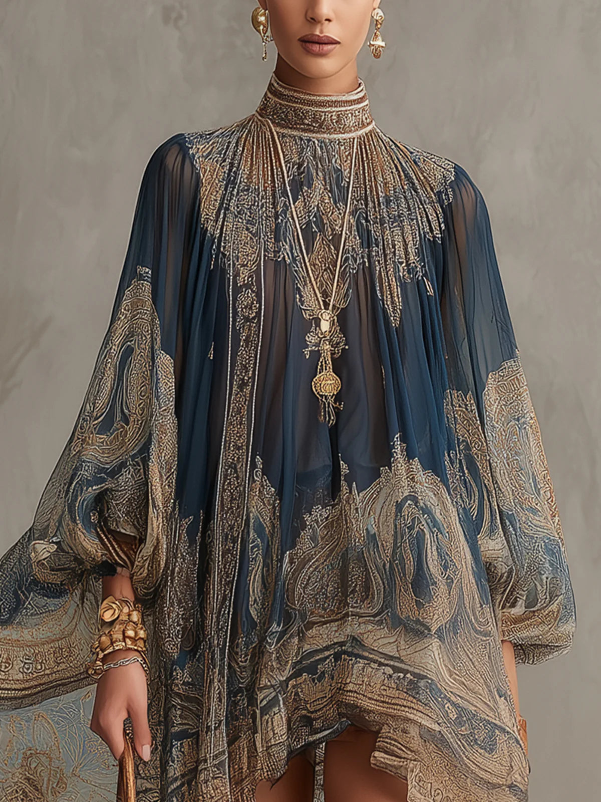 THEA | PAISLEY-PRINT CAPE DRESS WITH HIGH NECK