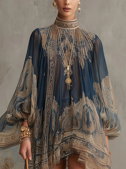 THEA | PAISLEY-PRINT CAPE DRESS WITH HIGH NECK