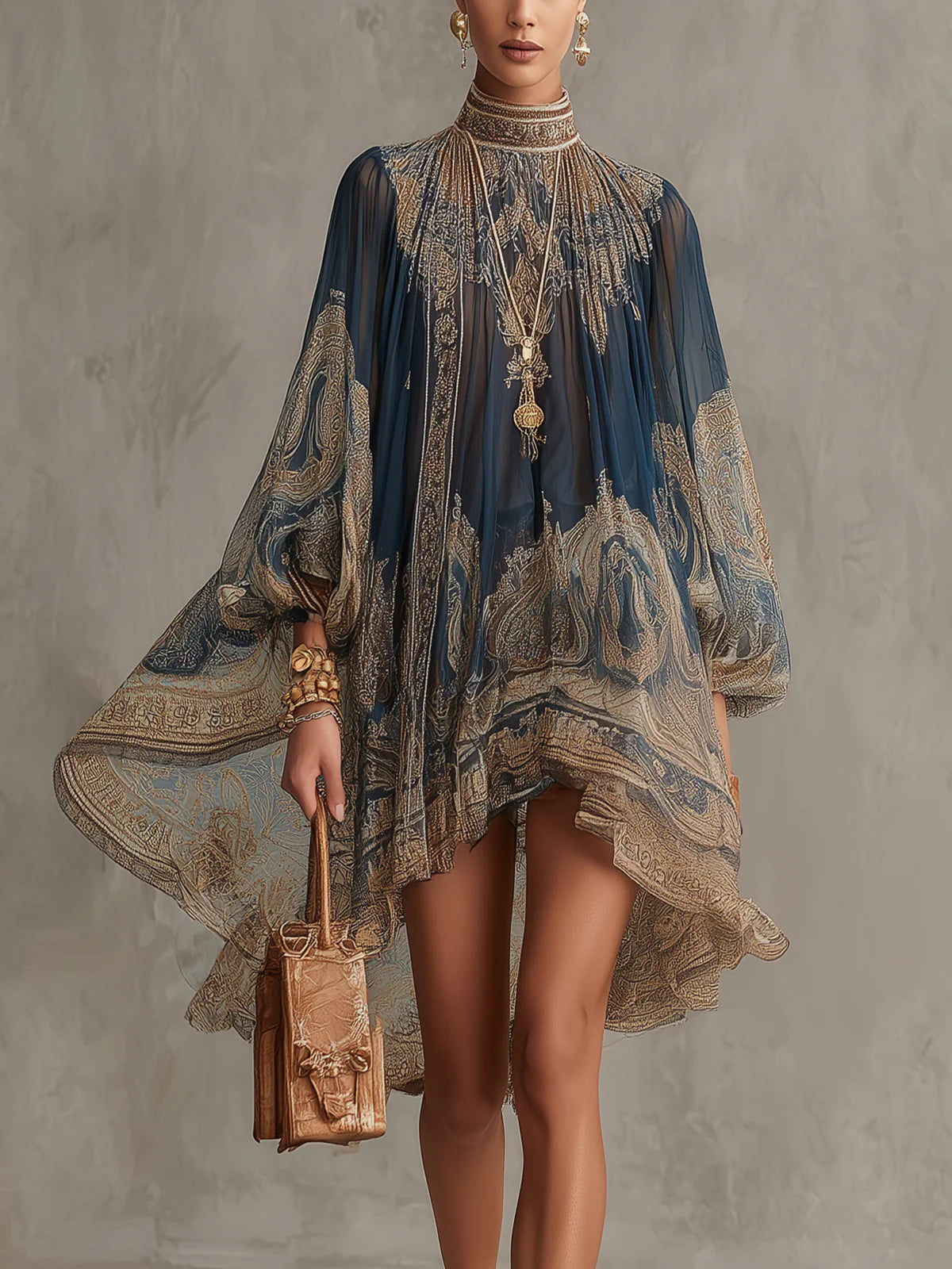 THEA | PAISLEY-PRINT CAPE DRESS WITH HIGH NECK