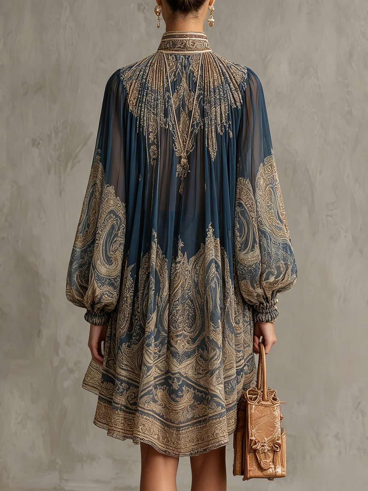 THEA | PAISLEY-PRINT CAPE DRESS WITH HIGH NECK