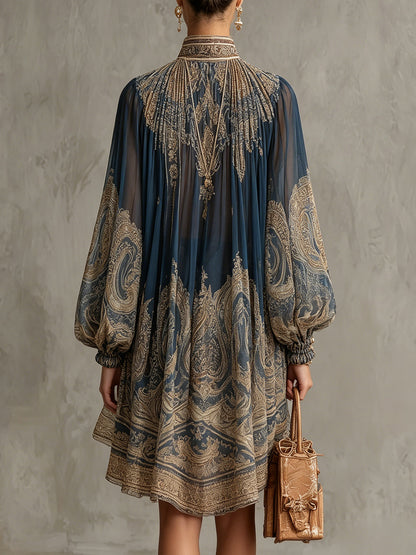 THEA | PAISLEY-PRINT CAPE DRESS WITH HIGH NECK