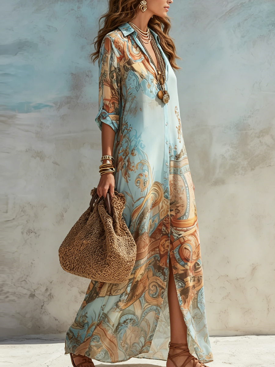 LOLA | BAROQUE-PRINT MAXI SHIRT DRESS