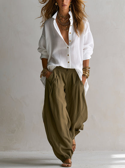 GEORGIA relaxed shirt and wide-leg lantern trouser set white