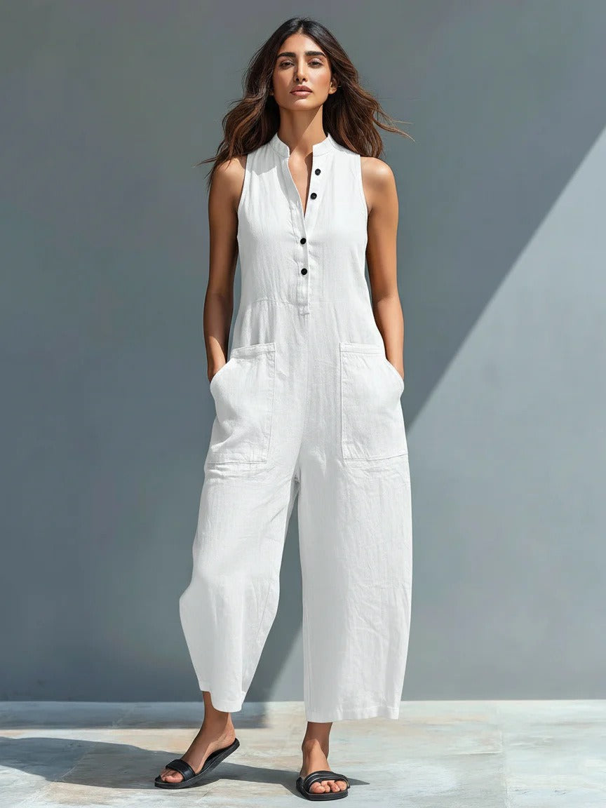 FERN | SLEEVELESS JUMPSUIT WITH POCKETS AND BUTTONS