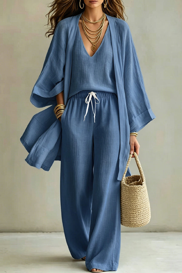 ISABELLA | MINIMAL CHIC THREE-PIECE KIMONO AND PALAZZO SET