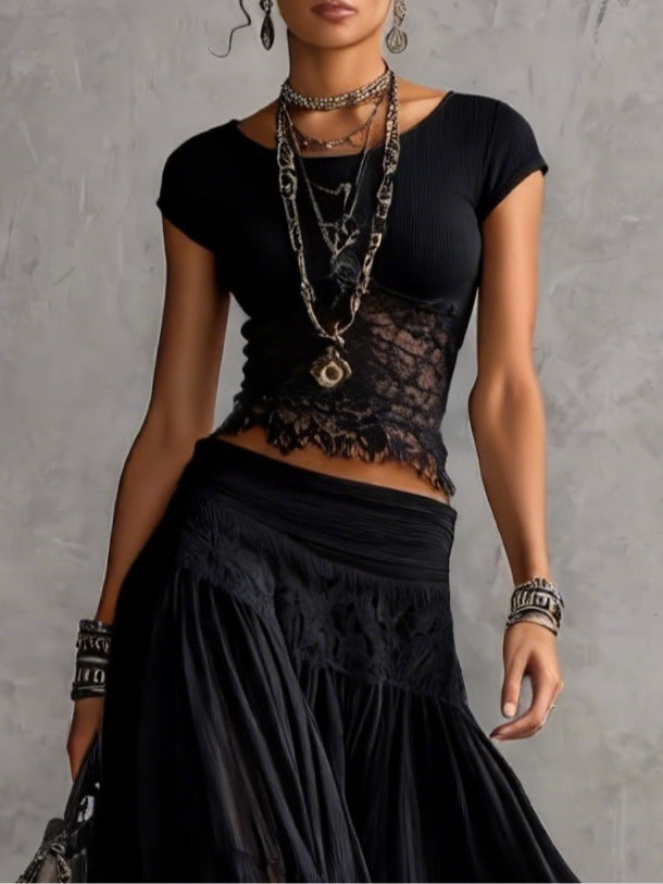 CLEMENTINE | DARK BOHO CROP TOP AND LACE SKIRT SET