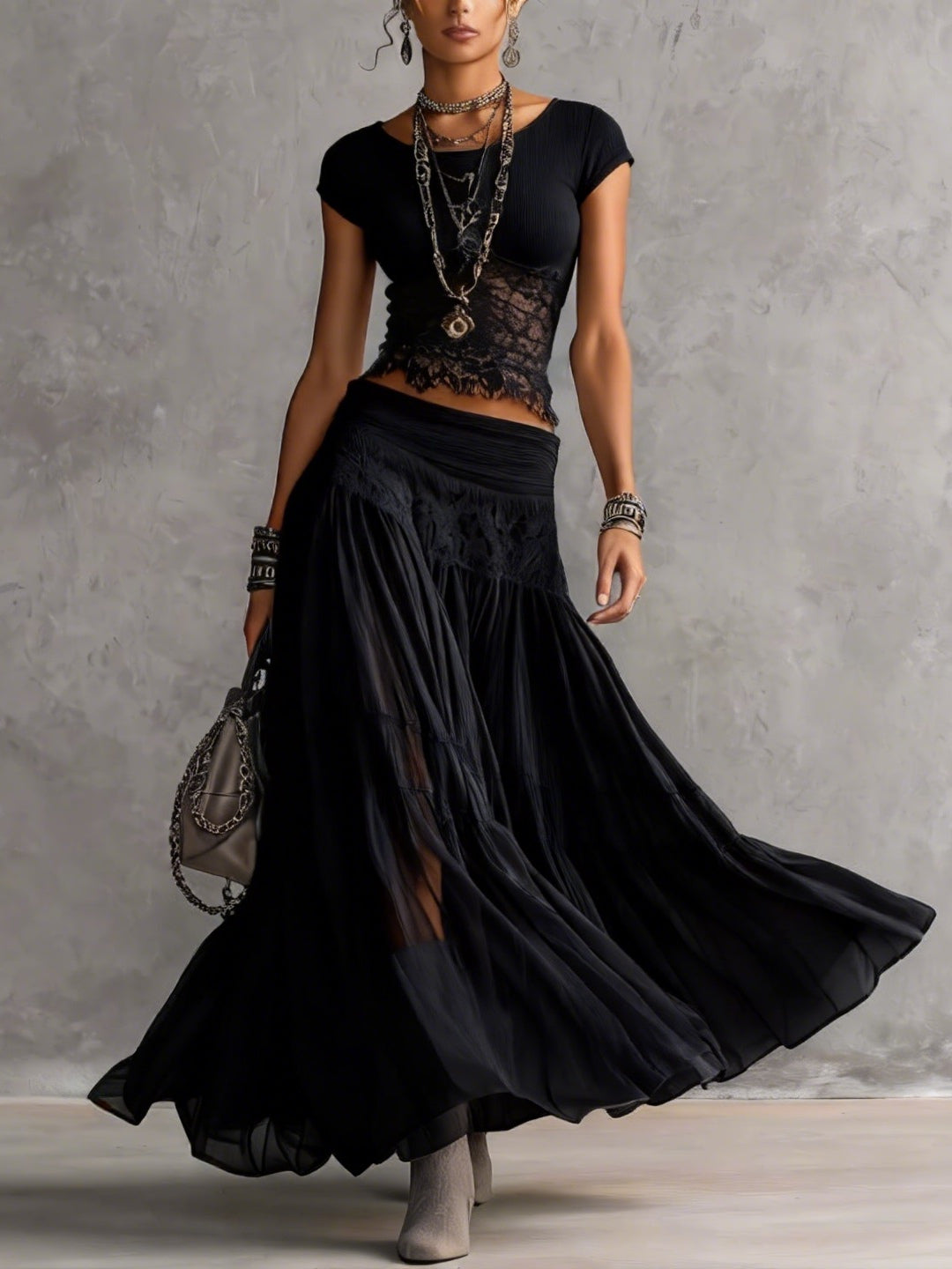 CLEMENTINE | DARK BOHO CROP TOP AND LACE SKIRT SET
